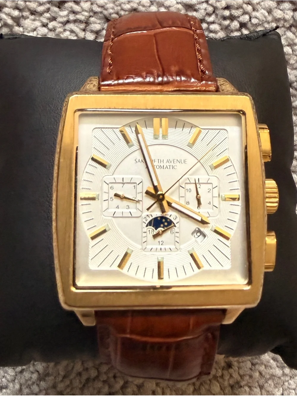 Saks Fifth Avenue Gold-Tone Men's Watch with Brown Strap and White Dial (New)